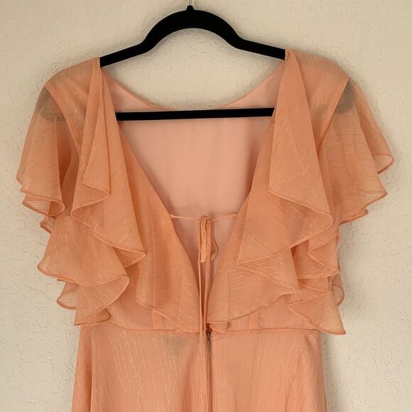 Halston Dress Women 2 Pink Peach Gold Shimmer Flutter Flowy Preppy Wedding $179 - Picture 4 of 10